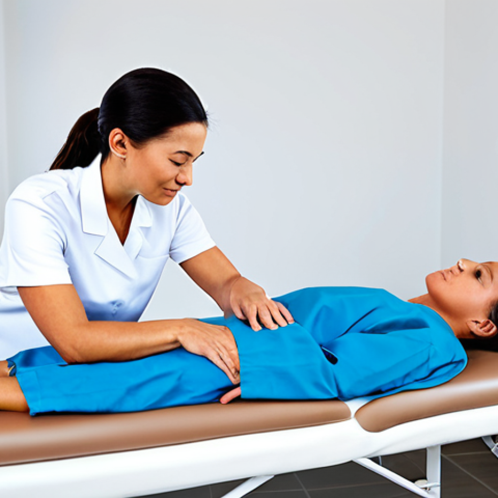 **

A professional female sports massage therapist in a clean and modern clinic. She is fully clothed in appropriate attire: a modest scrub suit. She is demonstrating a massage technique on a fully clothed male client who is lying face down on a massage table. The room is well-lit with soft, natural light. Safe for work, appropriate content, professional, modest, family-friendly, perfect anatomy, correct proportions, natural pose, well-formed hands, proper finger count, natural body proportions.

**
