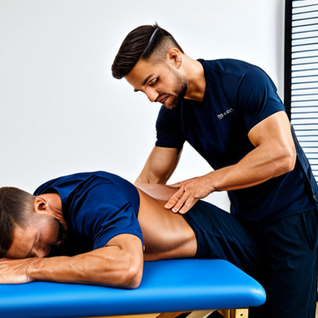 ** A professional sports massage therapist in a clean and organized clinic, fully clothed in appropriate attire, assisting a male athlete with muscle recovery. Focus on the therapist's confident and supportive demeanor, ensuring a safe and professional environment. The athlete is also fully clothed. safe for work, appropriate content, professional, modest, perfect anatomy, natural proportions.

**