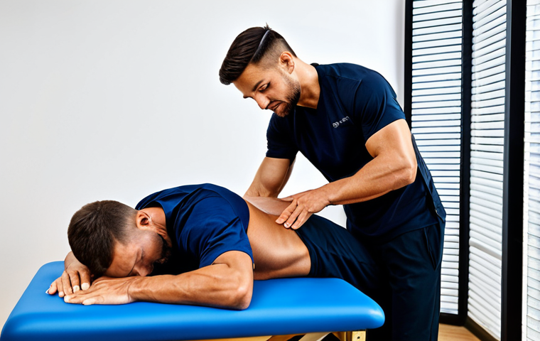 ** A professional sports massage therapist in a clean and organized clinic, fully clothed in appropriate attire, assisting a male athlete with muscle recovery. Focus on the therapist's confident and supportive demeanor, ensuring a safe and professional environment. The athlete is also fully clothed. safe for work, appropriate content, professional, modest, perfect anatomy, natural proportions.

**