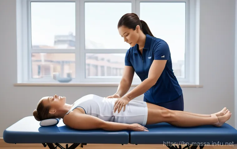 스포츠마사지사 최신 트렌드 분석 - **Prompt:** "A professional sports massage therapist, wearing a clean, modern uniform, is performing...