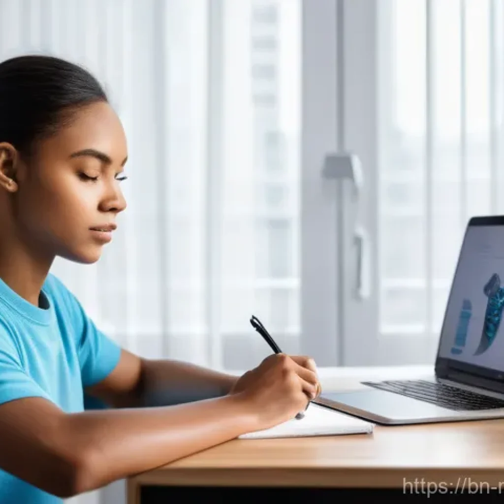 스포츠마사지사 온라인 강의 추천 - **Prompt:** "A diverse young adult, looking focused and determined, is comfortably seated at a moder...