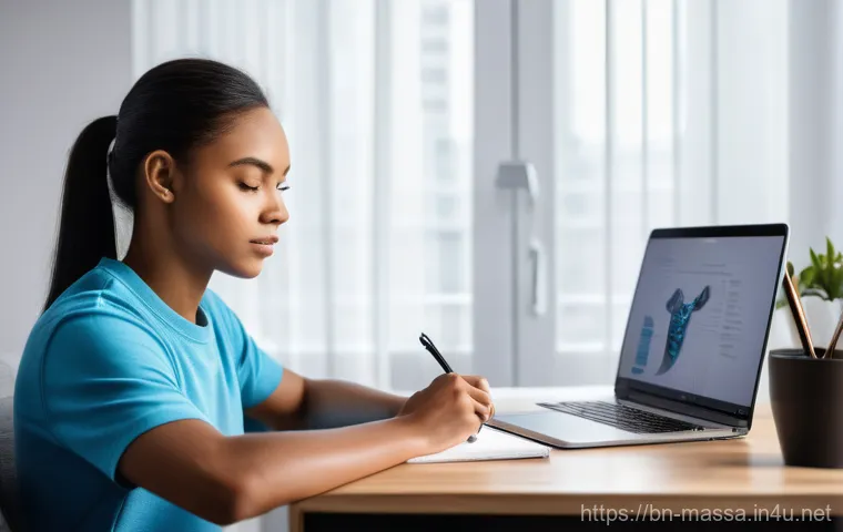 스포츠마사지사 온라인 강의 추천 - **Prompt:** "A diverse young adult, looking focused and determined, is comfortably seated at a moder...