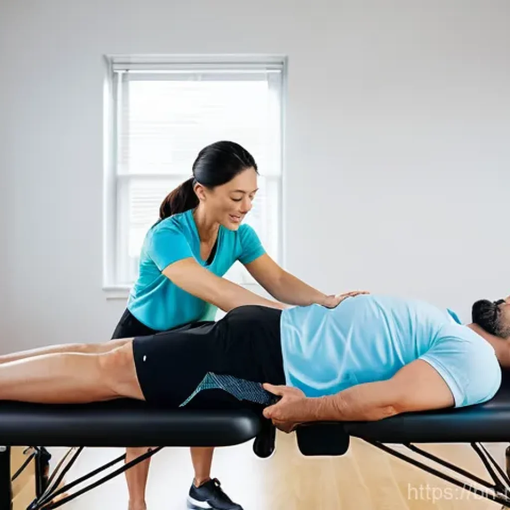 스포츠마사지사 고객 신뢰 구축 사례 - A female sports massage therapist in her 30s, wearing clean professional athletic wear, is demonstra...