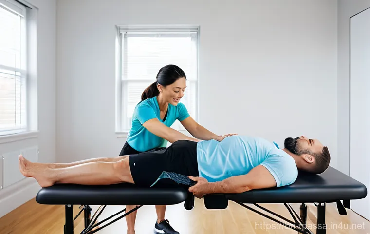 스포츠마사지사 고객 신뢰 구축 사례 - A female sports massage therapist in her 30s, wearing clean professional athletic wear, is demonstra...