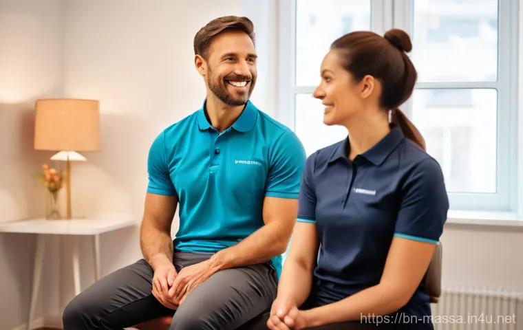 스포츠마사지사 고객 신뢰 구축 사례 - A bright, clean, and inviting sports massage therapy room. A professional massage table is neatly pr...