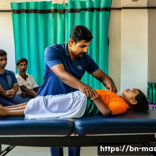 Home 33 스포츠마사지사 네트워킹 중요성 - A professional sports massage therapist conducting a workshop in a local fitness club in Bangladesh,...