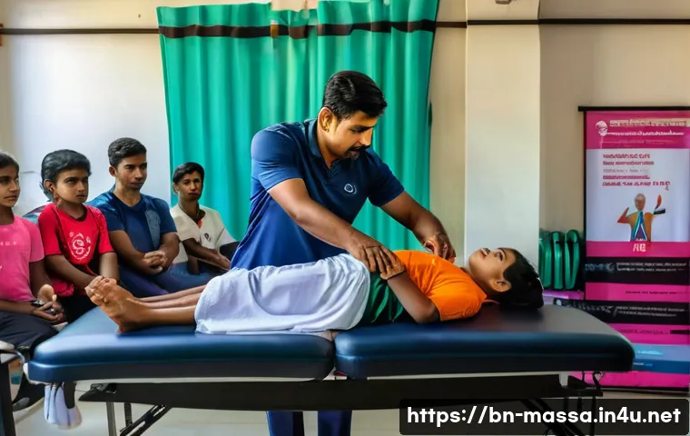 스포츠마사지사 네트워킹 중요성 - A professional sports massage therapist conducting a workshop in a local fitness club in Bangladesh,...