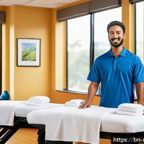 Home 17 스포츠마사지사 학원 선택 요령 - A modern training center interior designed for sports massage education, featuring spacious, well-ve...